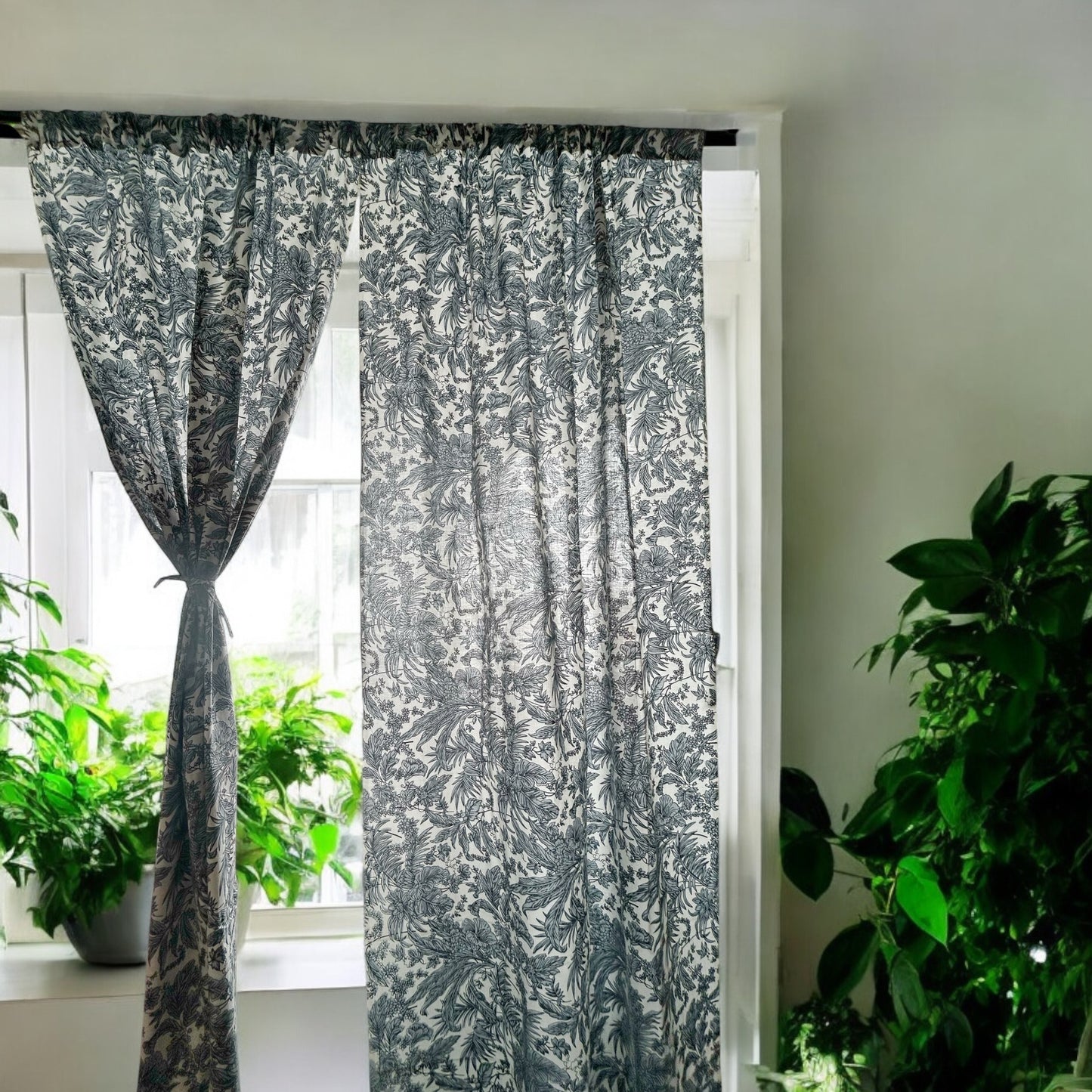 Grey foliage botanical tropical curtain
