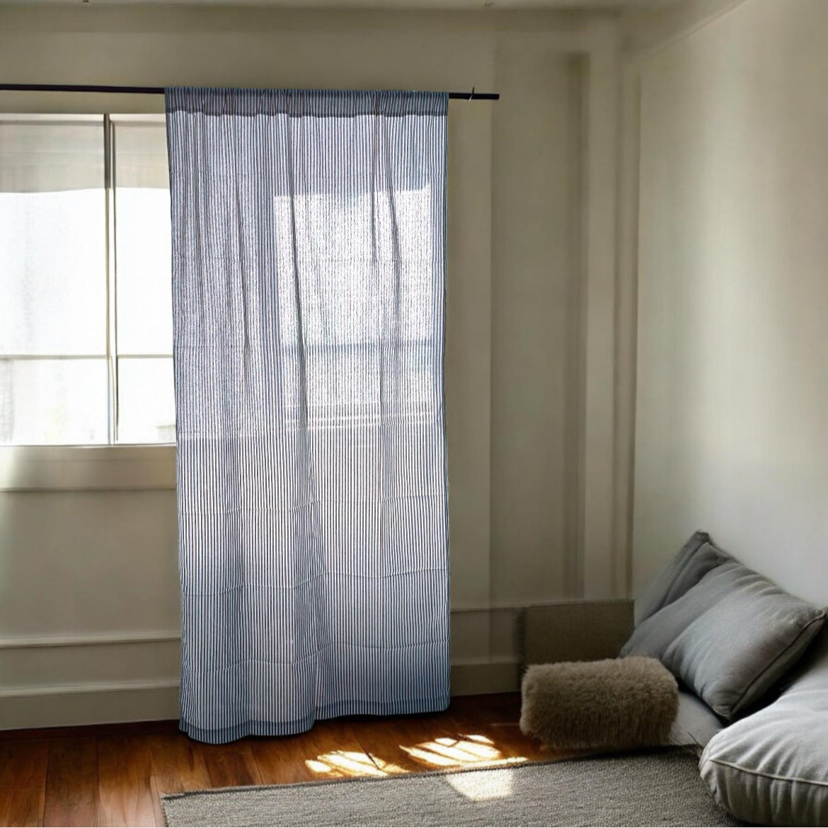 Striped blue and white handwoven curtains