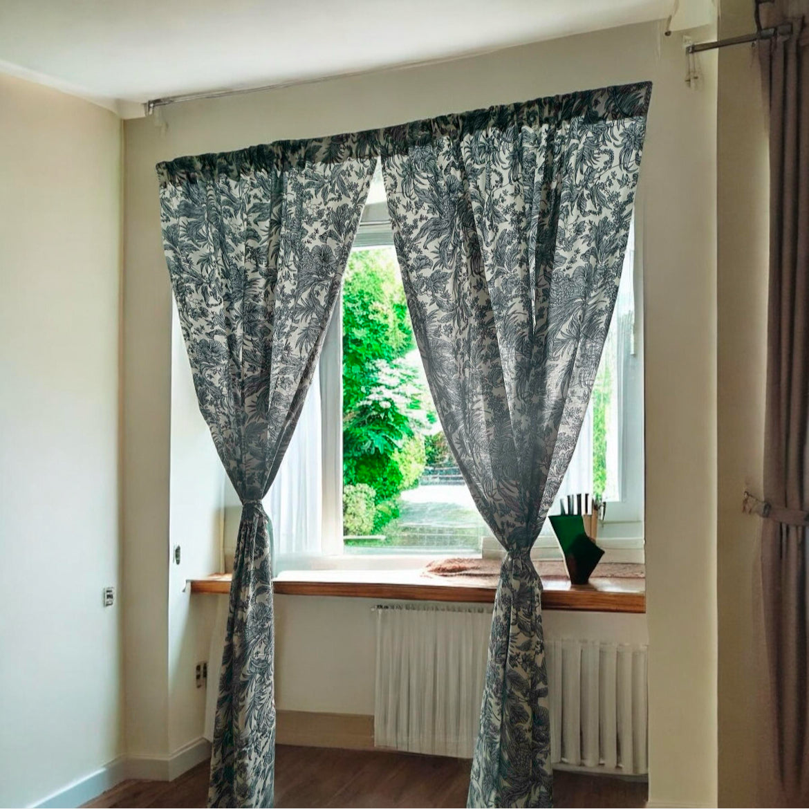 Grey foliage botanical tropical curtain