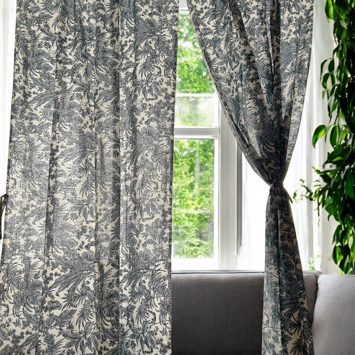 Grey foliage botanical tropical curtain