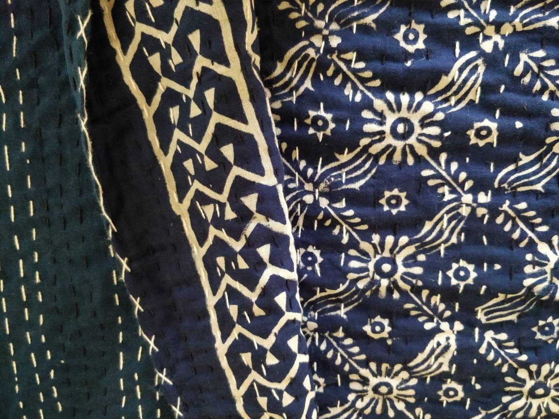 Floral jaal indigo block printed kantha bedcover