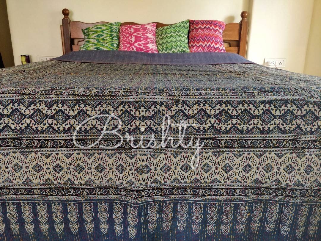 Indigo ajrakh block printed kantha bedcover
