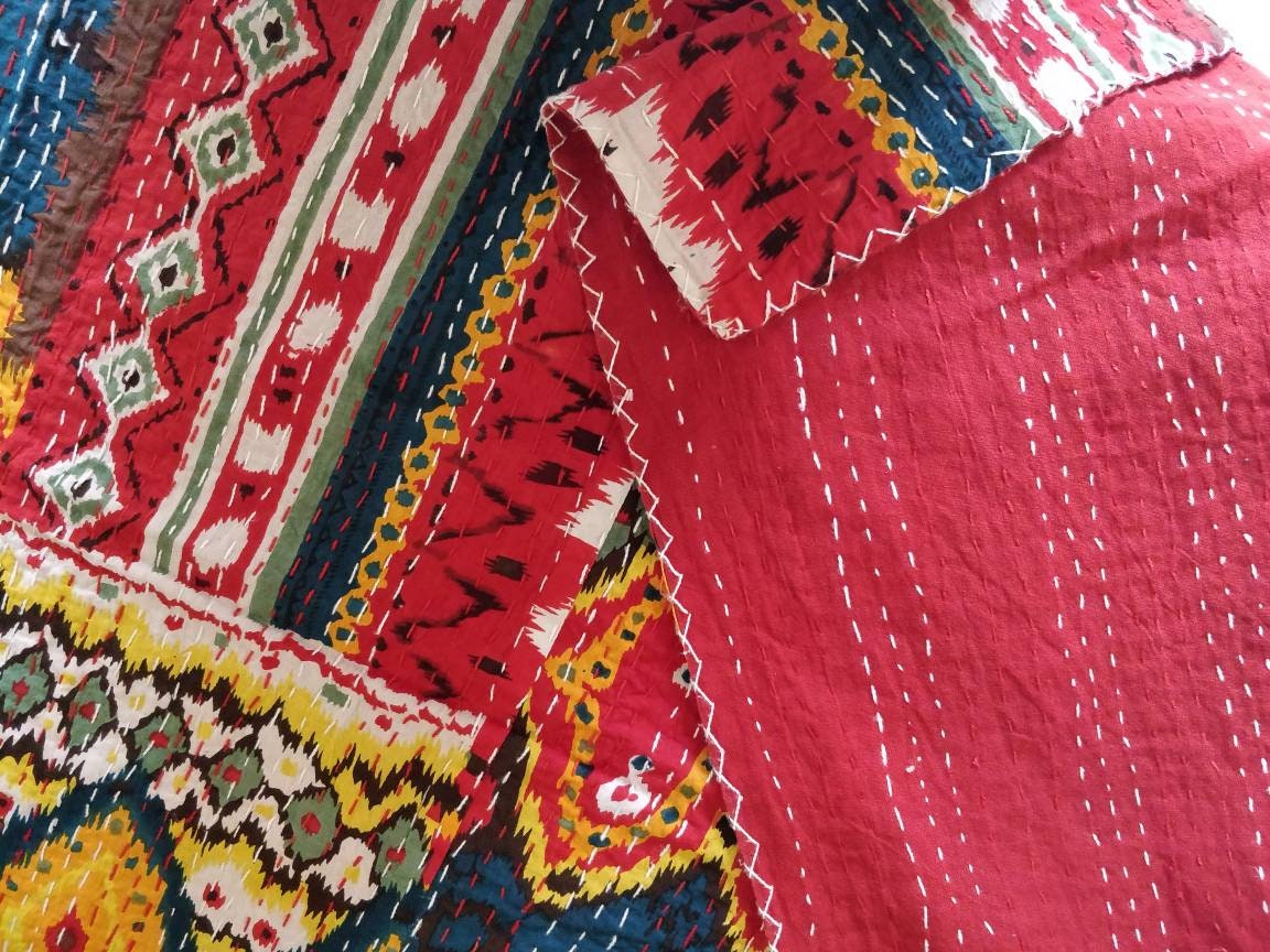 Colorful red kantha bedcover