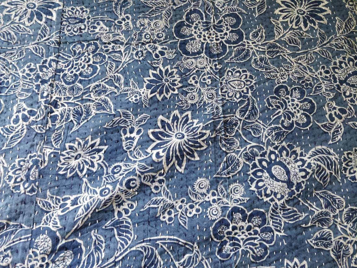 Indigo floral block printed kantha bedcover
