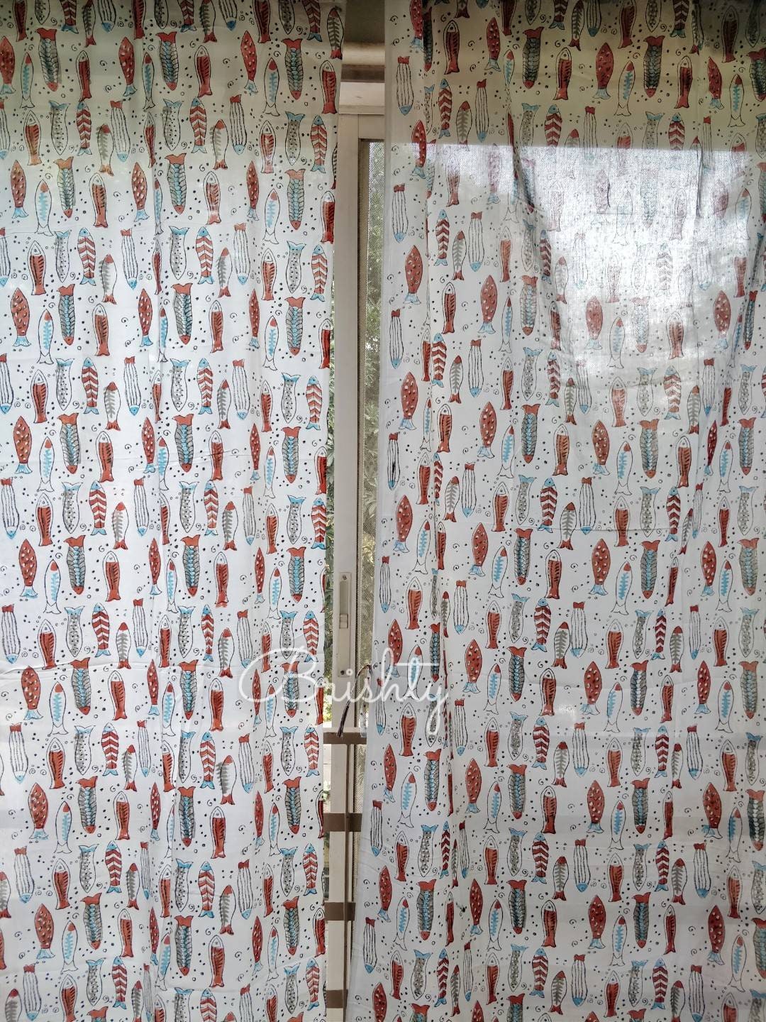 Machli - Coastal block printed sheer curtains