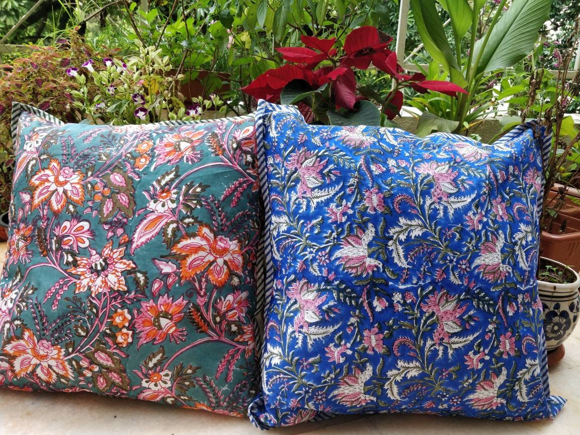 Set of two 18x18 inches block printed floral cushion covers