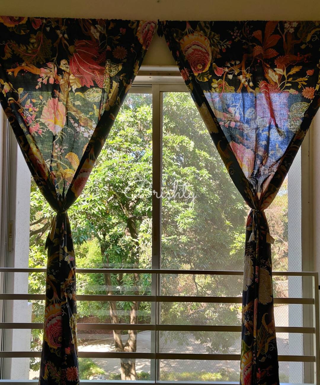 Black cottage style floral curtain