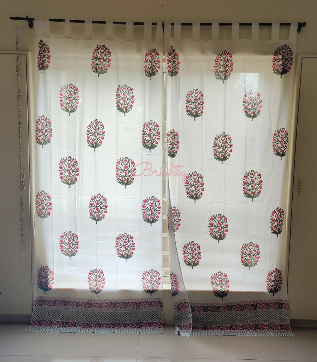 Block printed floral sheer curtains