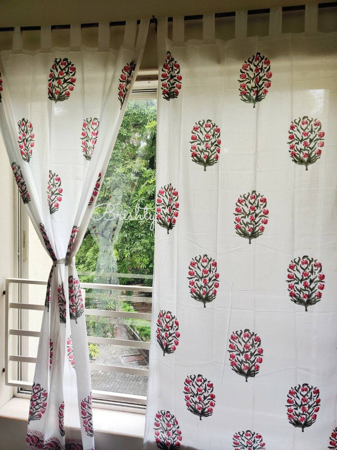 Block printed floral sheer curtains