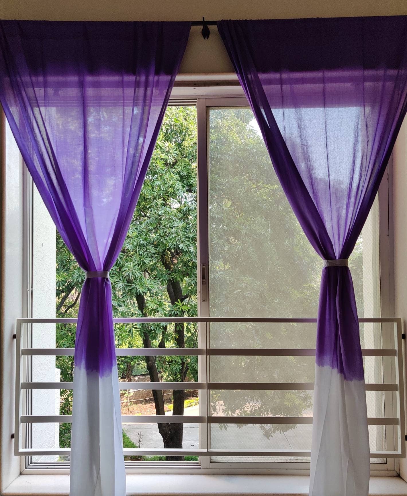 Purple and white dip dyed sheer curtain