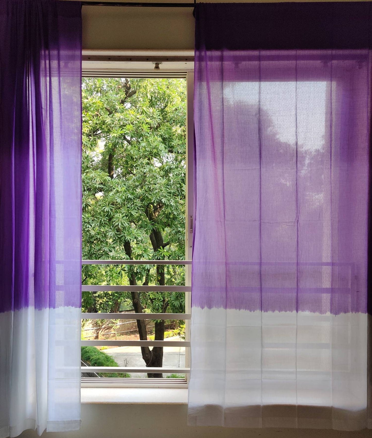 Purple and white dip dyed sheer curtain