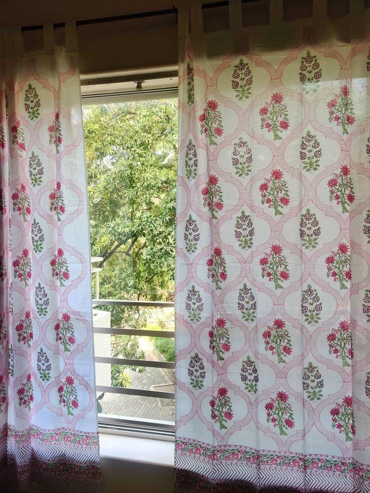 Block printed floral sheer curtains