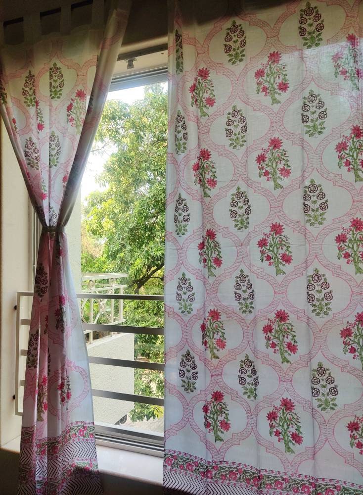 Block printed floral sheer curtains