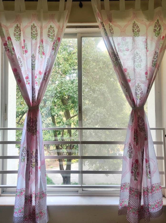 Block printed floral sheer curtains