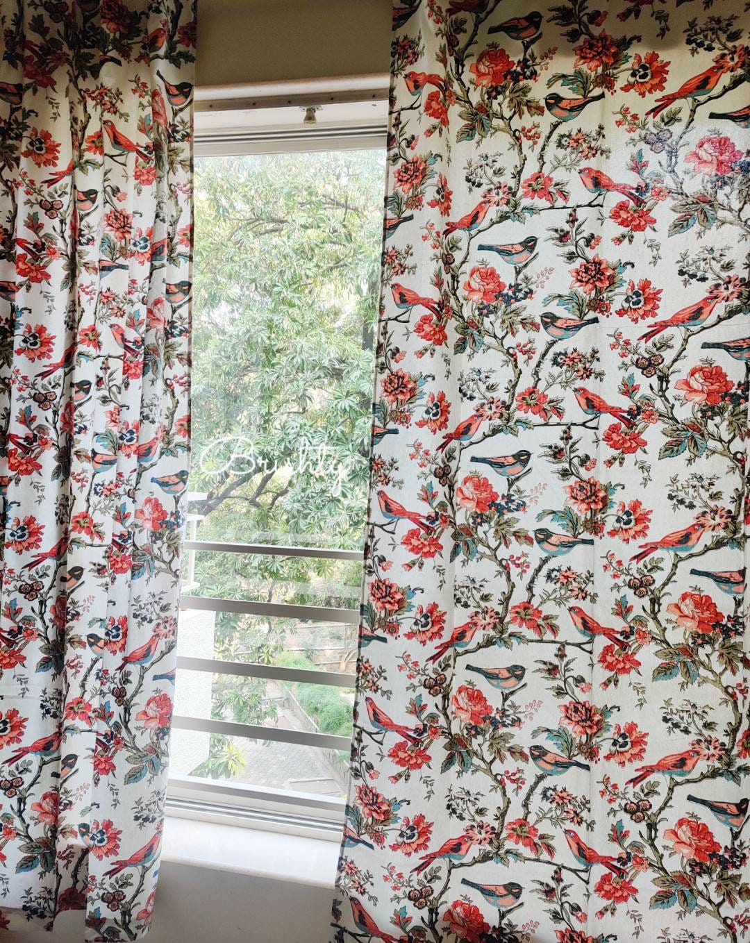 Bird printed floral thick cotton curtains