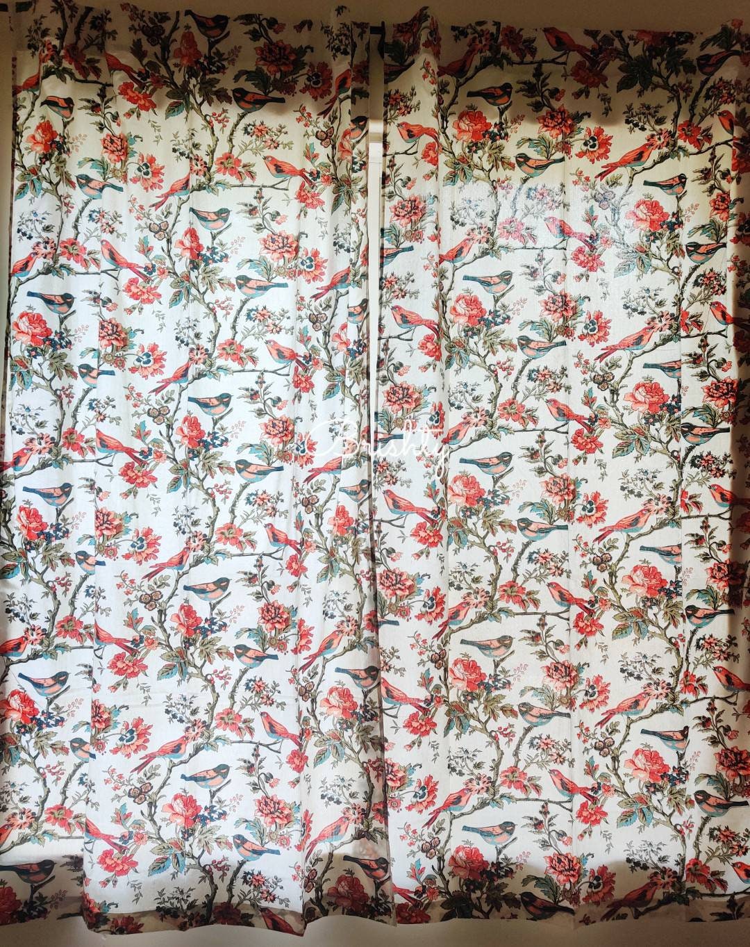 Bird printed floral thick cotton curtains