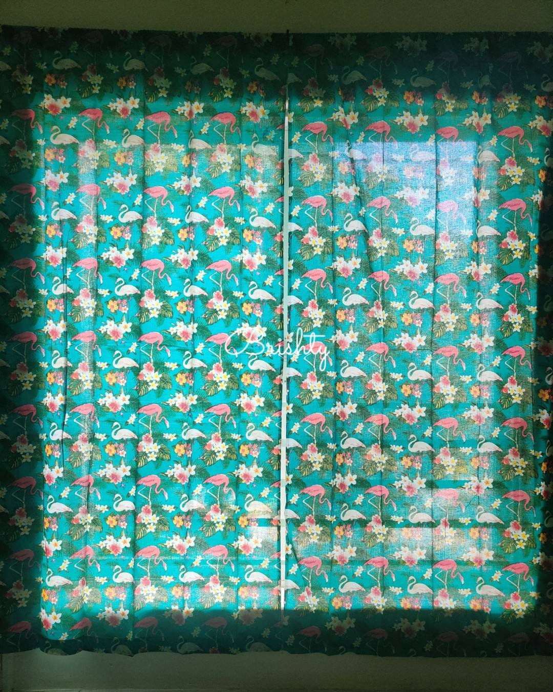 Flamingo botanical tropical semi sheer boho dark teal curtain