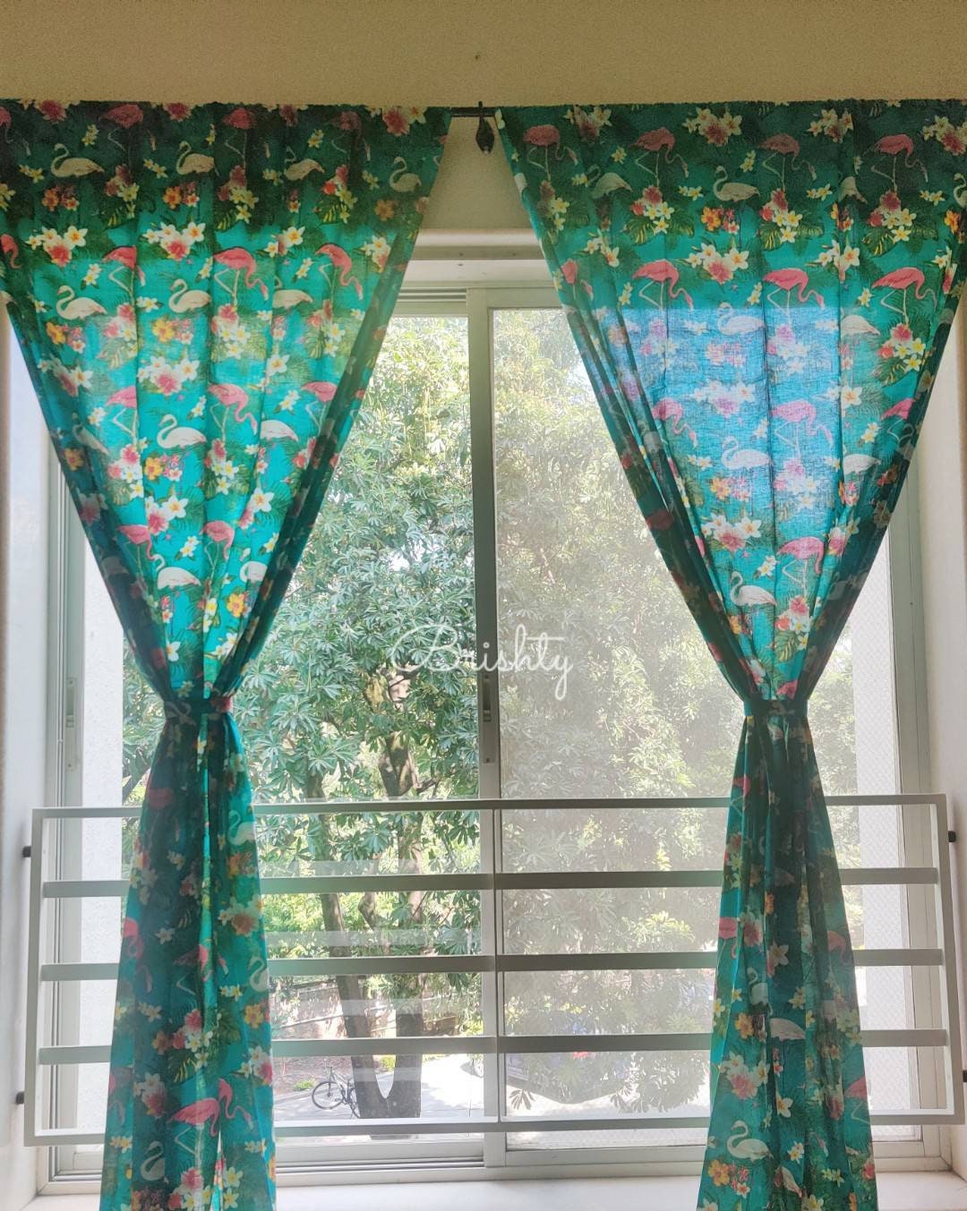 Flamingo botanical tropical semi sheer boho dark teal curtain