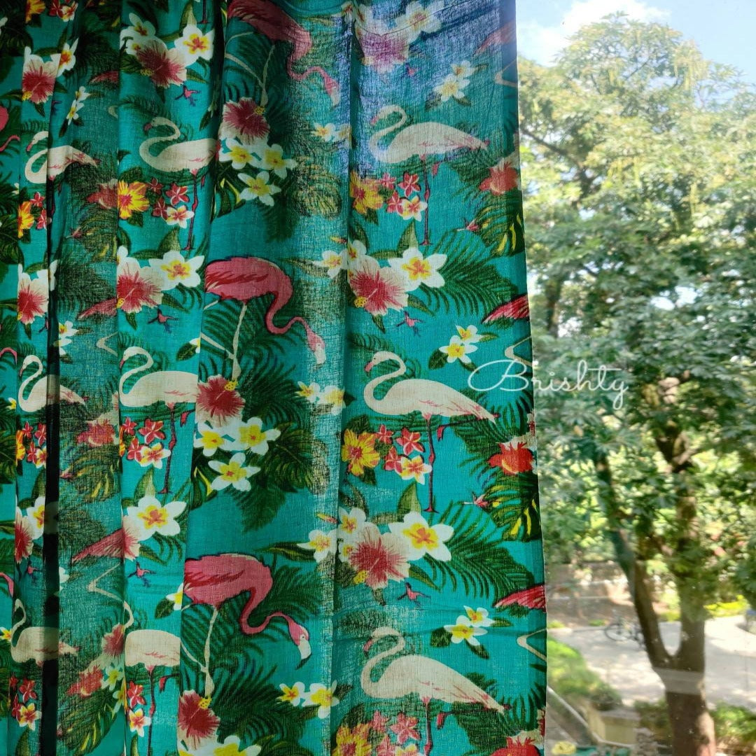 Flamingo botanical tropical semi sheer boho dark teal curtain