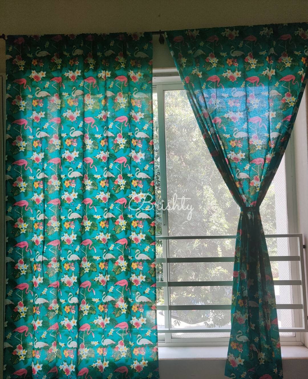 Flamingo botanical tropical semi sheer boho dark teal curtain