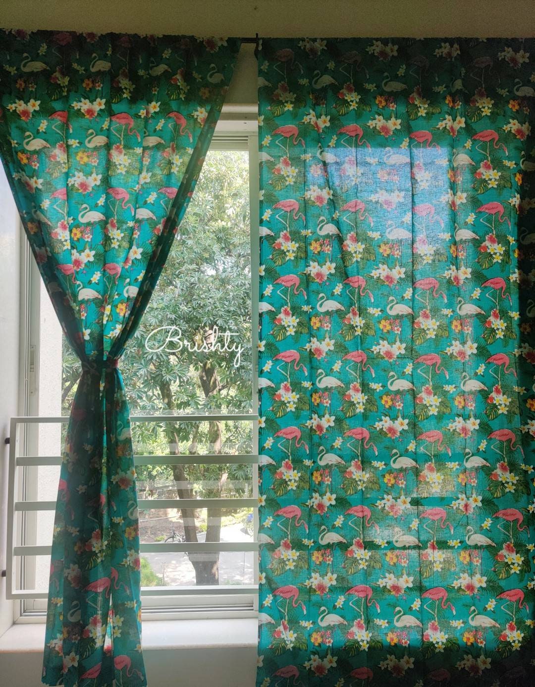 Flamingo botanical tropical semi sheer boho dark teal curtain