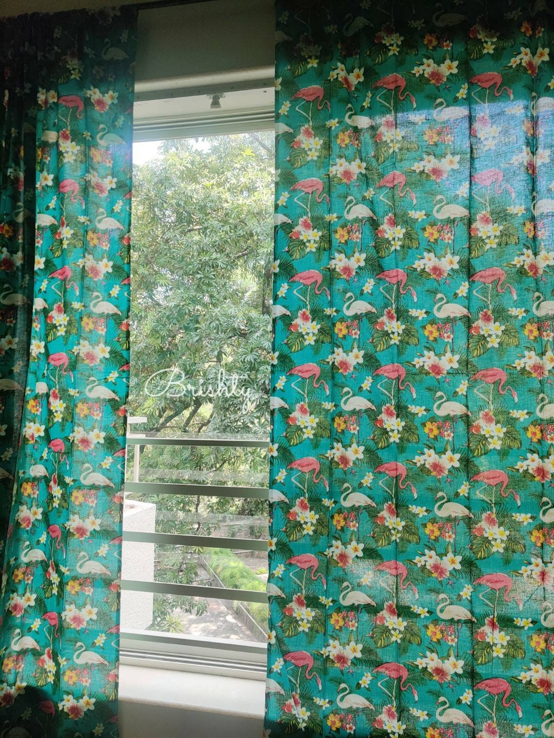 Flamingo botanical tropical semi sheer boho dark teal curtain