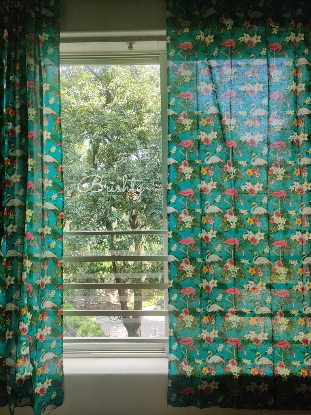 Flamingo botanical tropical semi sheer boho dark teal curtain
