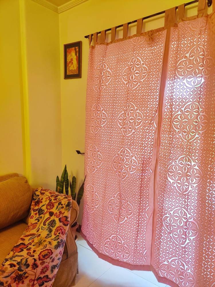 Pastel pink applique sheer curtain