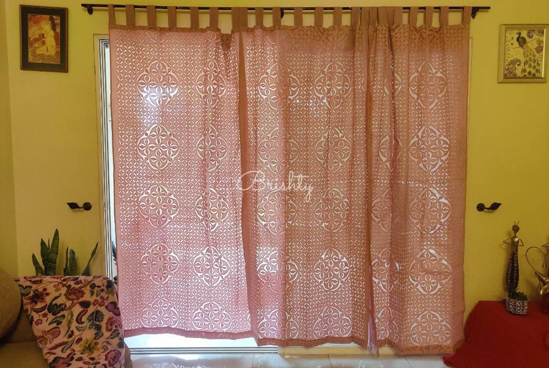 Pastel pink applique sheer curtain