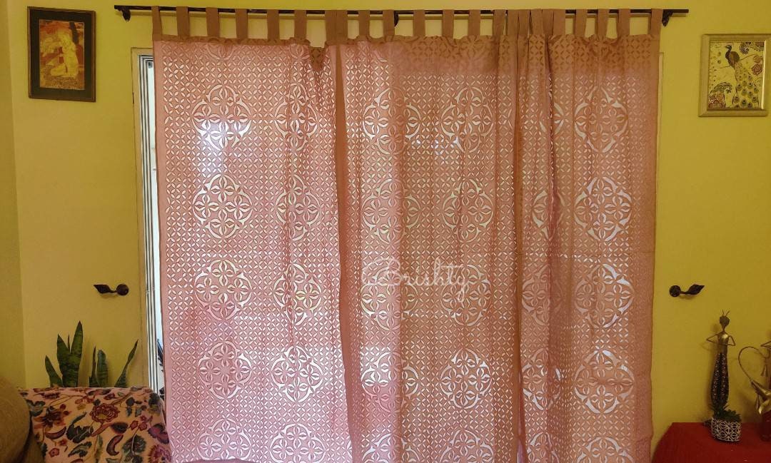 Pastel pink applique sheer curtain
