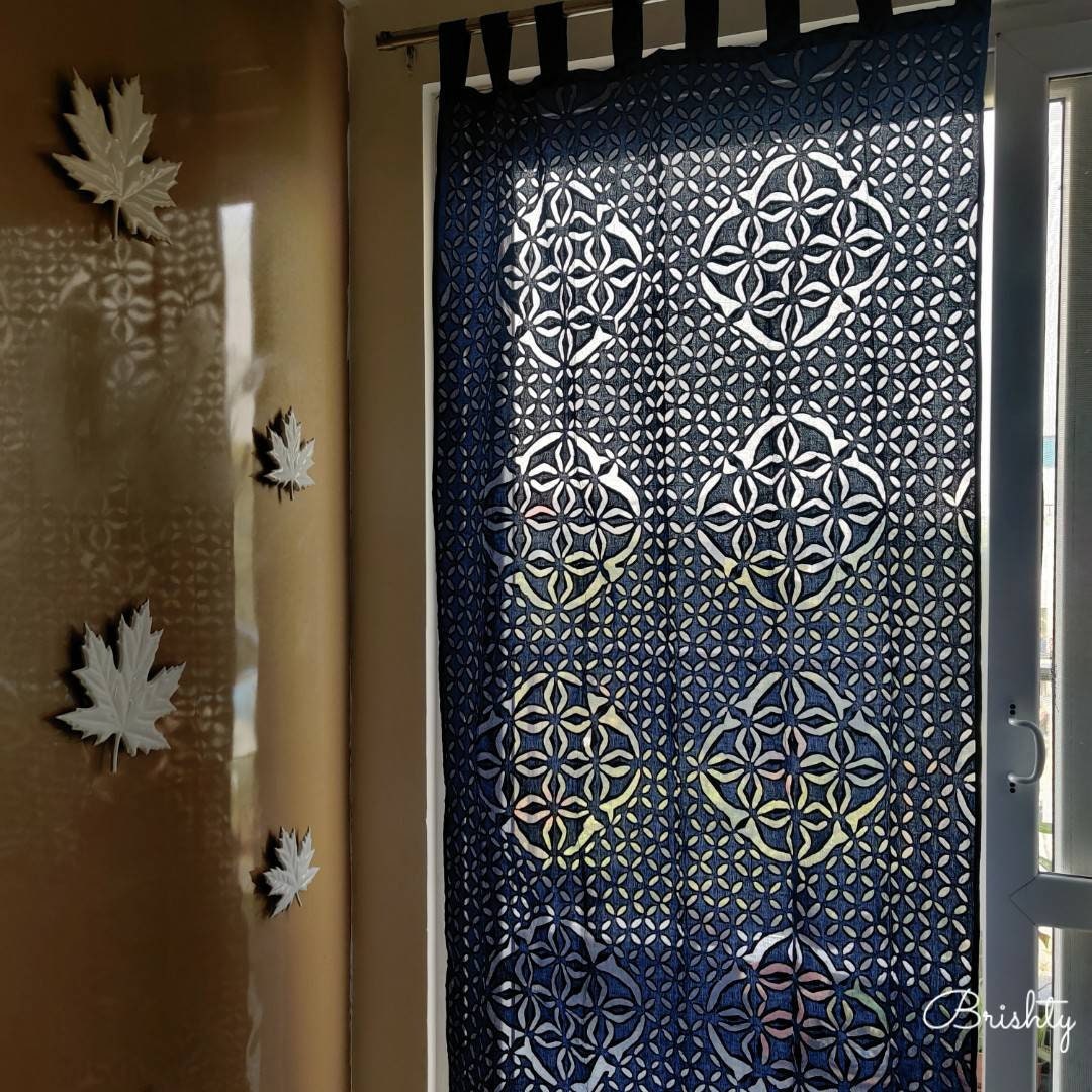 Dark blue and white applique curtains