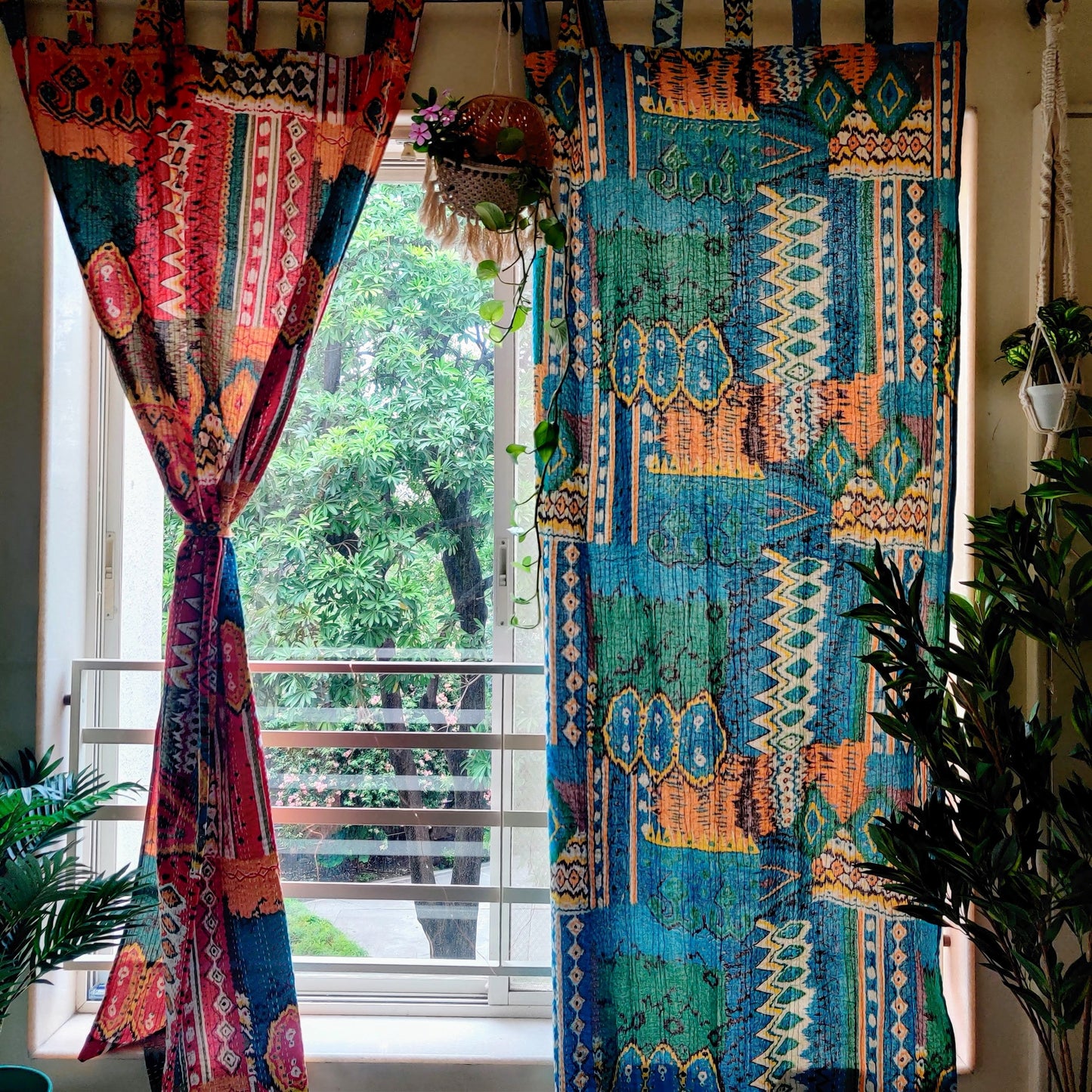 Eclectic red and blue kantha embroidered curtain panels, Boho colorful privacy curtains