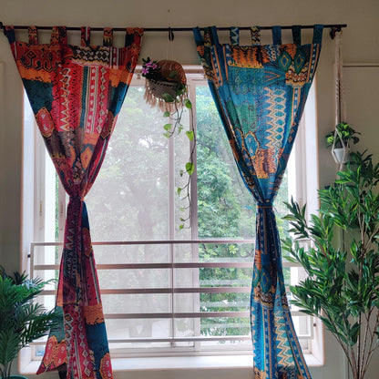 Eclectic red and blue kantha embroidered curtain panels, Boho colorful privacy curtains