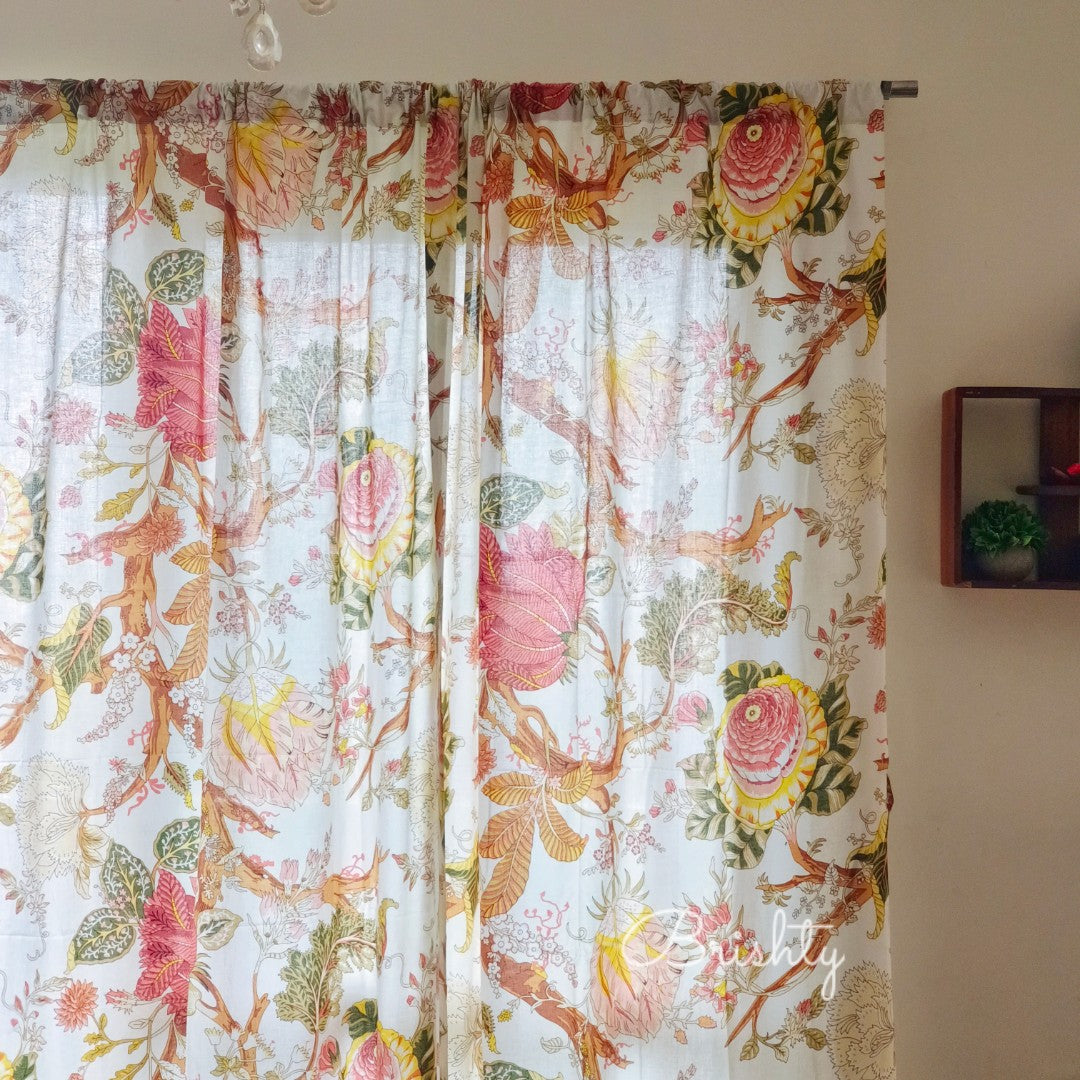 Cottage style floral curtain in off white