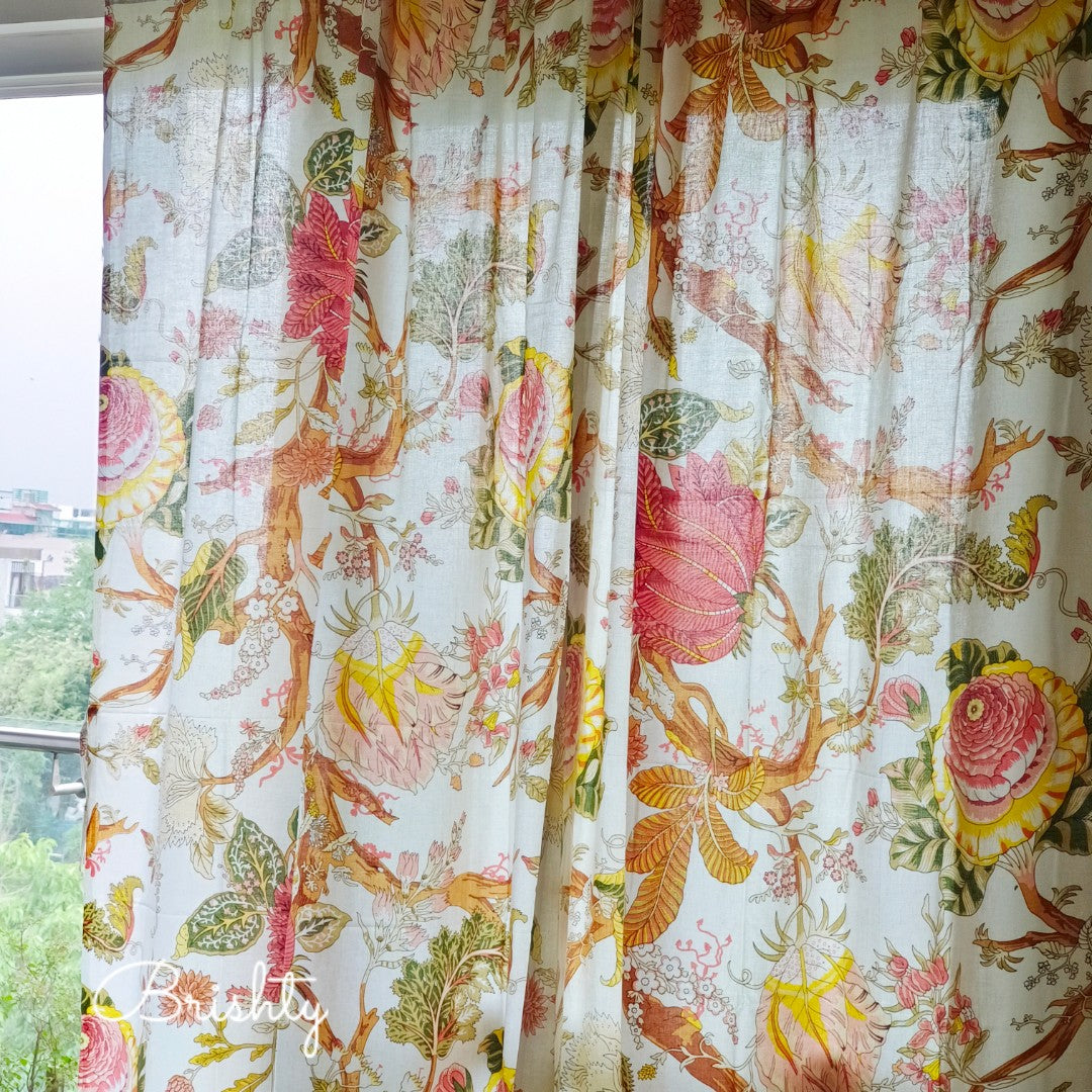 Cottage style floral curtain in off white