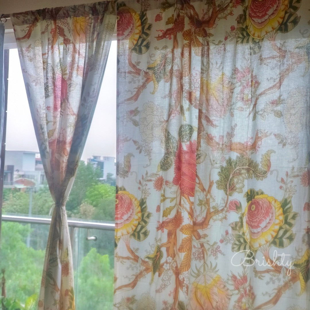 Cottage style floral curtain in off white