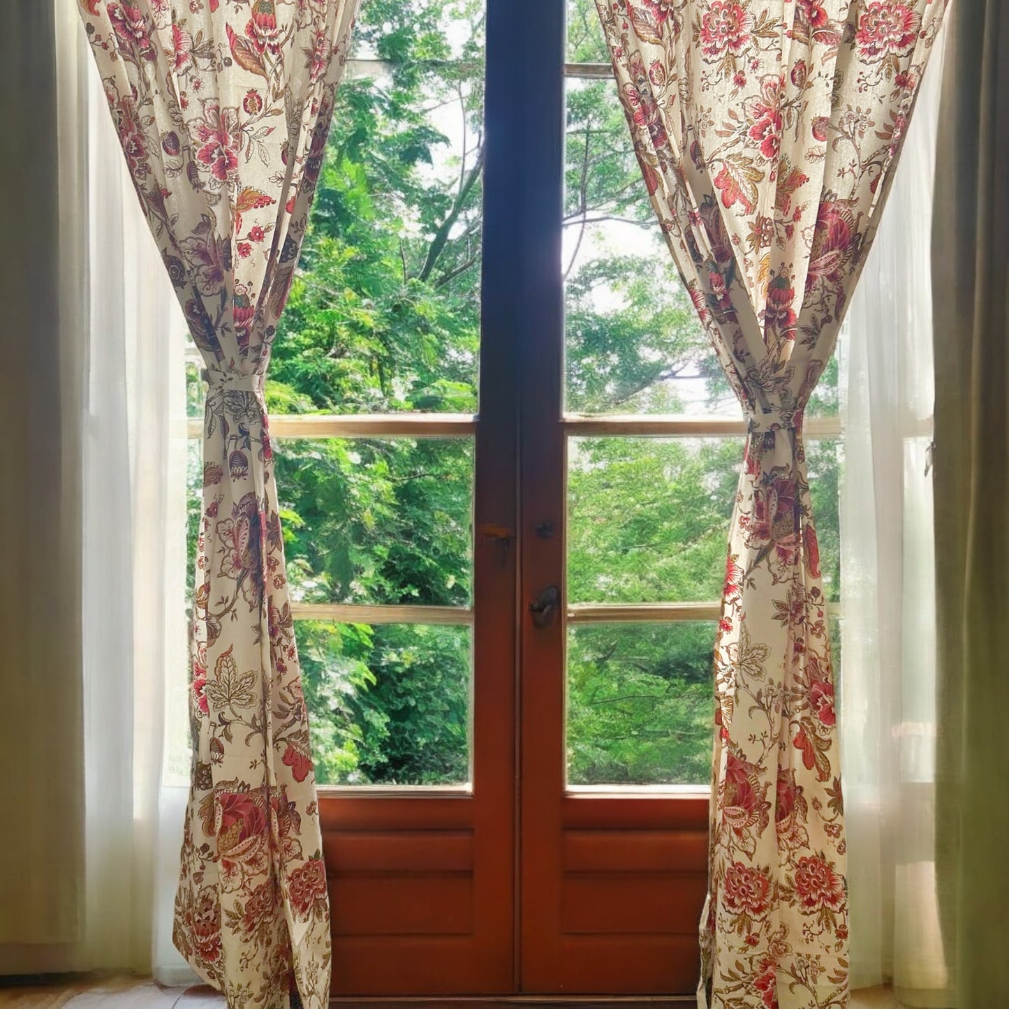 Burnt orange rust floral cotton curtains