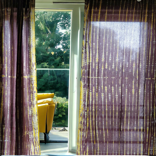 Yellow and brown tie dyed sheer curtain