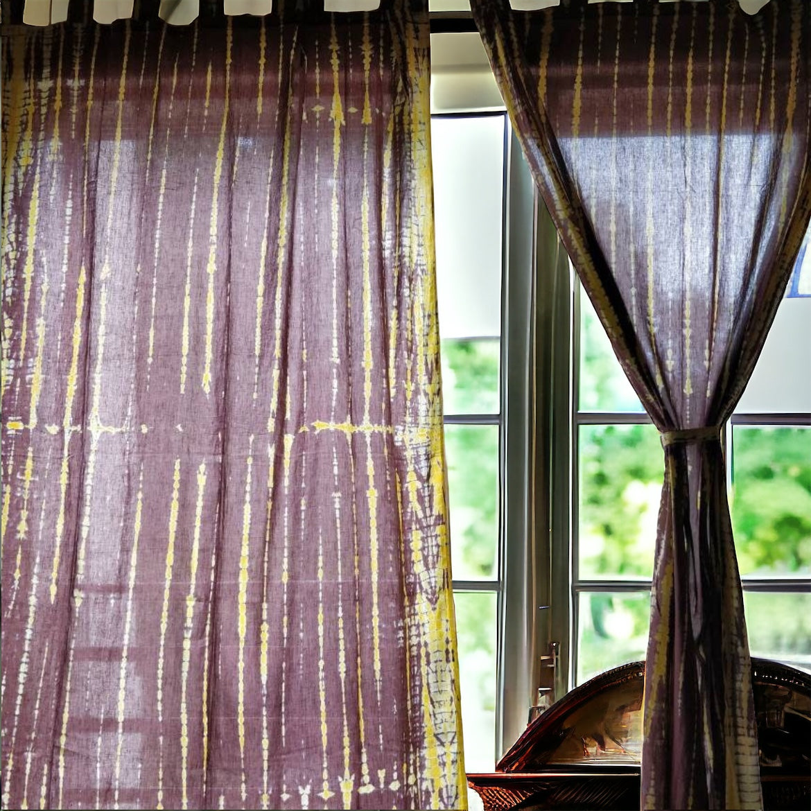 Yellow and brown tie dyed sheer curtain