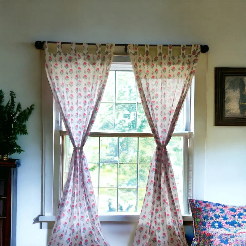 Floral bubblegum pink block printed sheer curtains