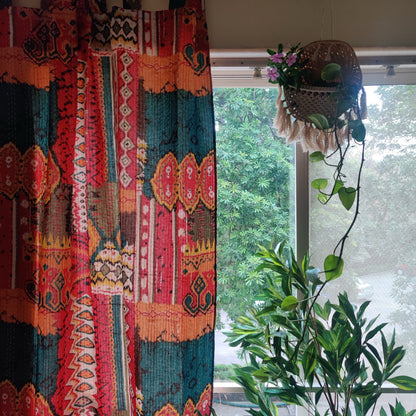 Eclectic red and blue kantha embroidered curtain panels, Boho colorful privacy curtains