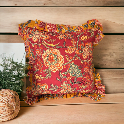 Hand-Block Printed Floral Cotton Cushion Covers in Maroon and Mustard yellow- with and without ruffles