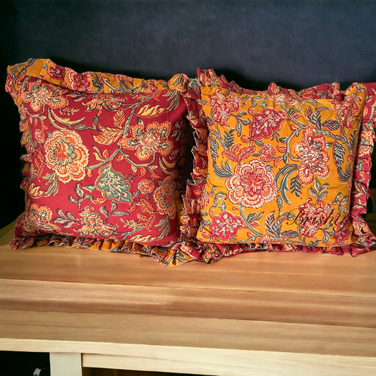 Hand-Block Printed Floral Cotton Cushion Covers in Maroon and Mustard yellow- with and without ruffles