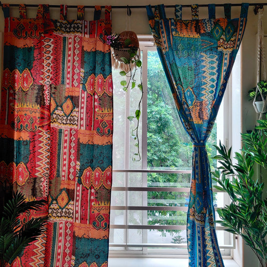 Eclectic red and blue kantha embroidered curtain panels, Boho colorful privacy curtains