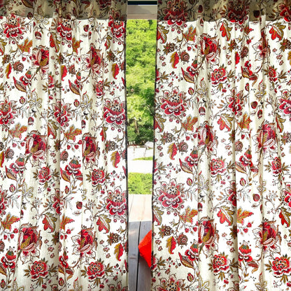 Burnt orange rust floral cotton curtains