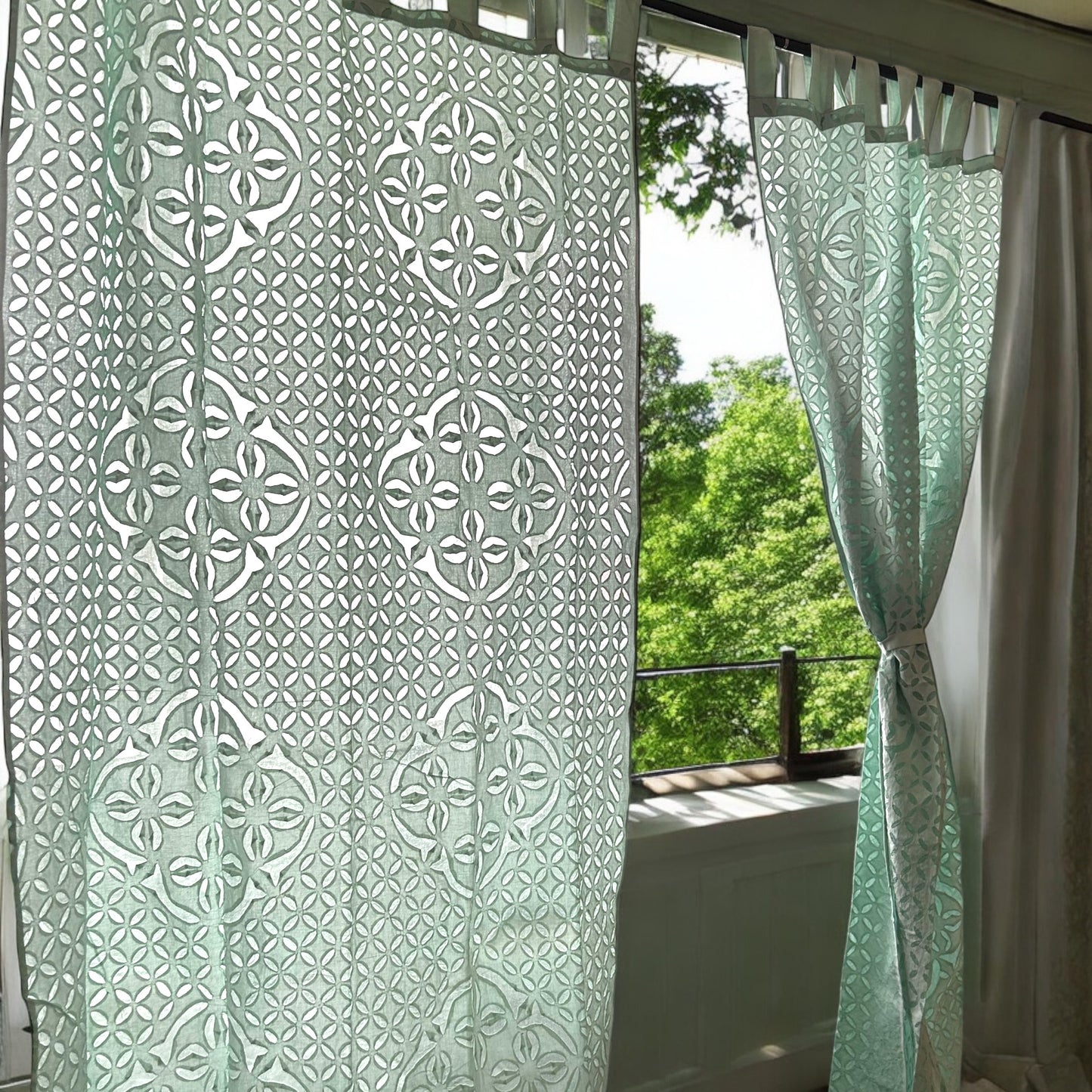 Soothing pastel green applique curtain