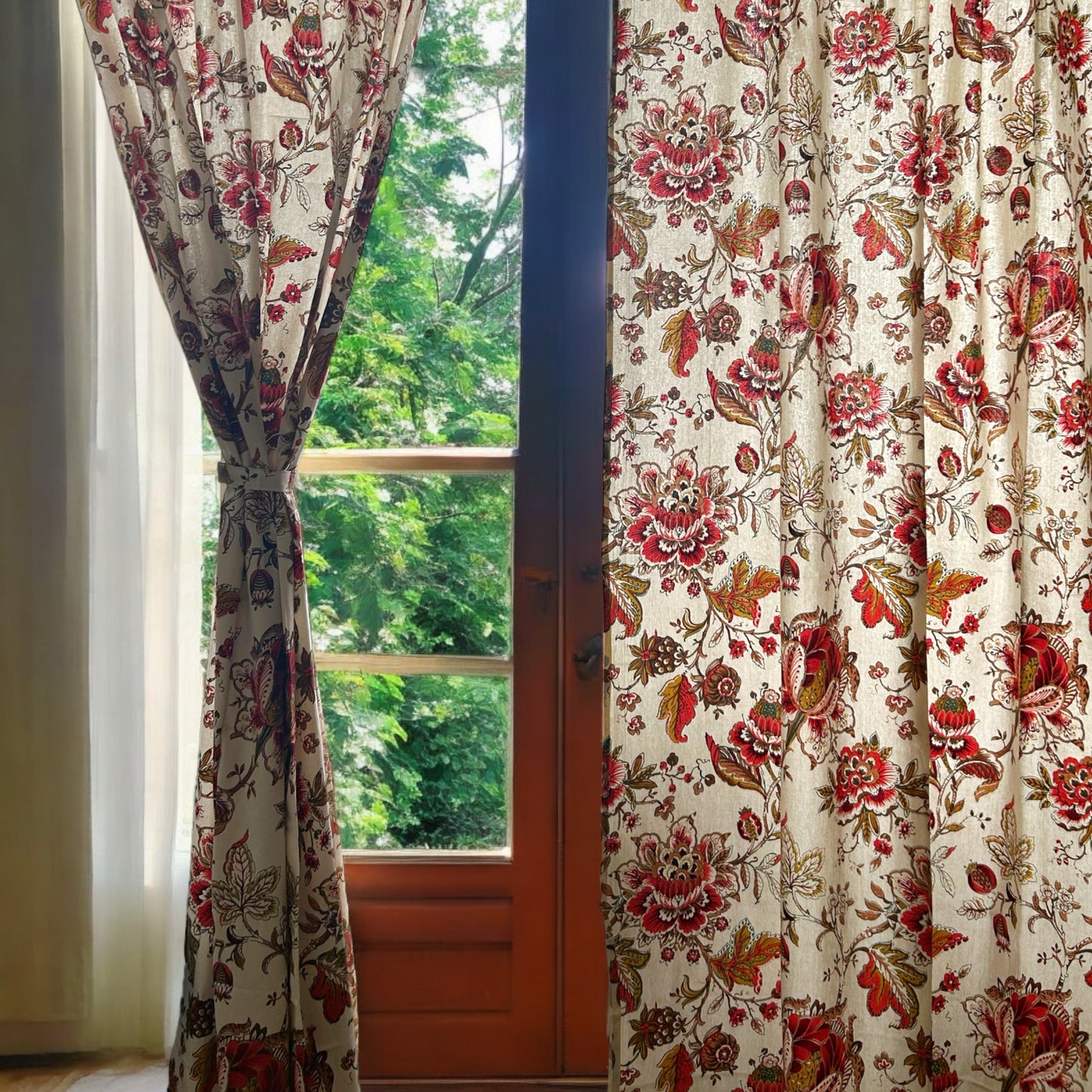 Burnt orange rust floral cotton curtains