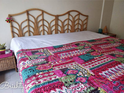 Colorful pink kantha bedcover