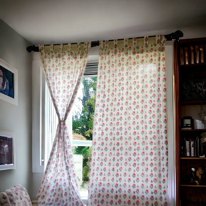 Floral bubblegum pink block printed sheer curtains