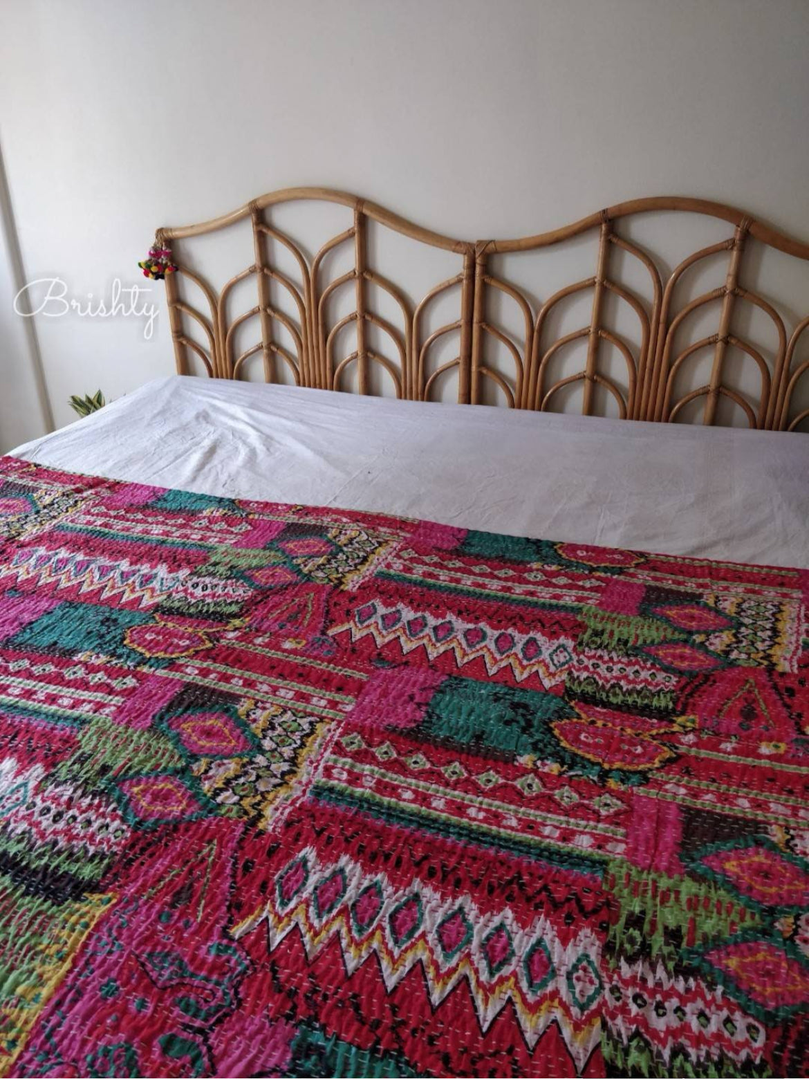 Colorful pink kantha bedcover